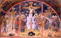 Katholikon, wall paintings of the west wall: the Way to the Cross, the Crucifixion and the Deposition