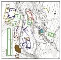 Sanctuary of the Great Gods, Samothrace. General Site Plan, Actual State. Colour differences indicate the phases of development of the sanctuary (light blue = late 5th c. B.C.  1st half of the 4th c. B.C., dark blue = 2nd half of the 4th c. B.C., green = 3rd c. B.C., brown = 2nd-1st c. B.C., red = 1st-2nd c. A.D., yellow = Medieval period). 1-3. Unidentified late Hellenistic buildings; 4. Unfinished early Hellenistic building; 5. Byzantine fort; 6. Milesian Dedication; 7. Dining rooms; 8, 10. Rooms adjacent to the Theater; 9. Archaistic niche; 11. Stoa; 12. Nike Monument; 13. Theater; 14. Altar Court; 15. Hieron; 16. Hall of Votive Gifts; 17. Hall of Choral Dancers; 18. Stepped Retaining Wall; 19. Sacred Rock; 20. Rotunda of Arsinoe II; 21. Orthostate Structure; 22. Sacristy; 23. Anaktoron; 24. Dedication of Philip III and Alexander IV; 25. Theatral Circle; 26. Propylon of Ptolemy II; 27. Southern Necropolis; 28. Doric Rotunda; 29. Neorion; 30. Dining room; 31. Imperial shrine or dining facility; 32. Protoanaktoron; 33. Ionic Porch