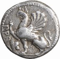 Tetradrachm, 475-450 BC. Griffin. Magistrate:  (the first syllable of the magistrates name). Symbol: head of an ox.   Empedoklis Collection