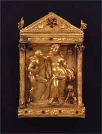 In the middle of the gold small temple Dionysus is supported by a young Satyr.