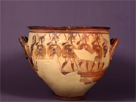 In this aspect of the krater, six warriors are depicted walking to the right