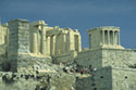 View of the monumental entrance to Acropolis sacred rock. Propylea and Temple of Athena Nike are in sight