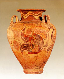 Clay three-handle amphora of the palace style with wild boar teeth helmets