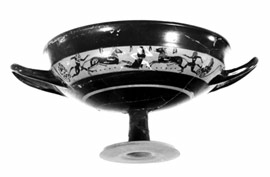 One side of the kylix with antithetical horses and running mainad and satyr