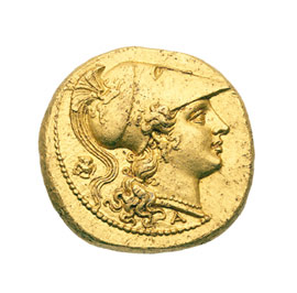 Golden stater of Pyrros with Athena head