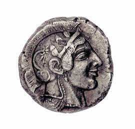 Silver athenean decadrachm with Athena head