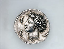 Silver decadrachm of Syracusae with nymphe Arethousa's head