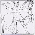 Sketch of the second metope of the temple's pronaos: the Mares of Diomedes