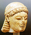 View of the Kouros' head with the archaic slight smile