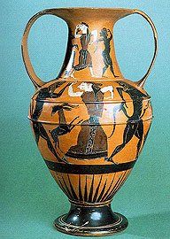 At the amphora's neck and body, Satyrs and Maenads are depicted dancing