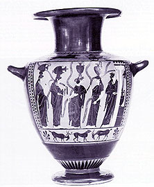Viwe of the hydria with a five women representation