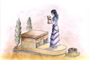 Drawing reconstruction of a woman at an altar